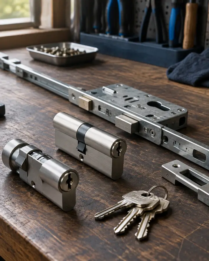Close-up of euro cylinder and multipoint lock components on a workbench