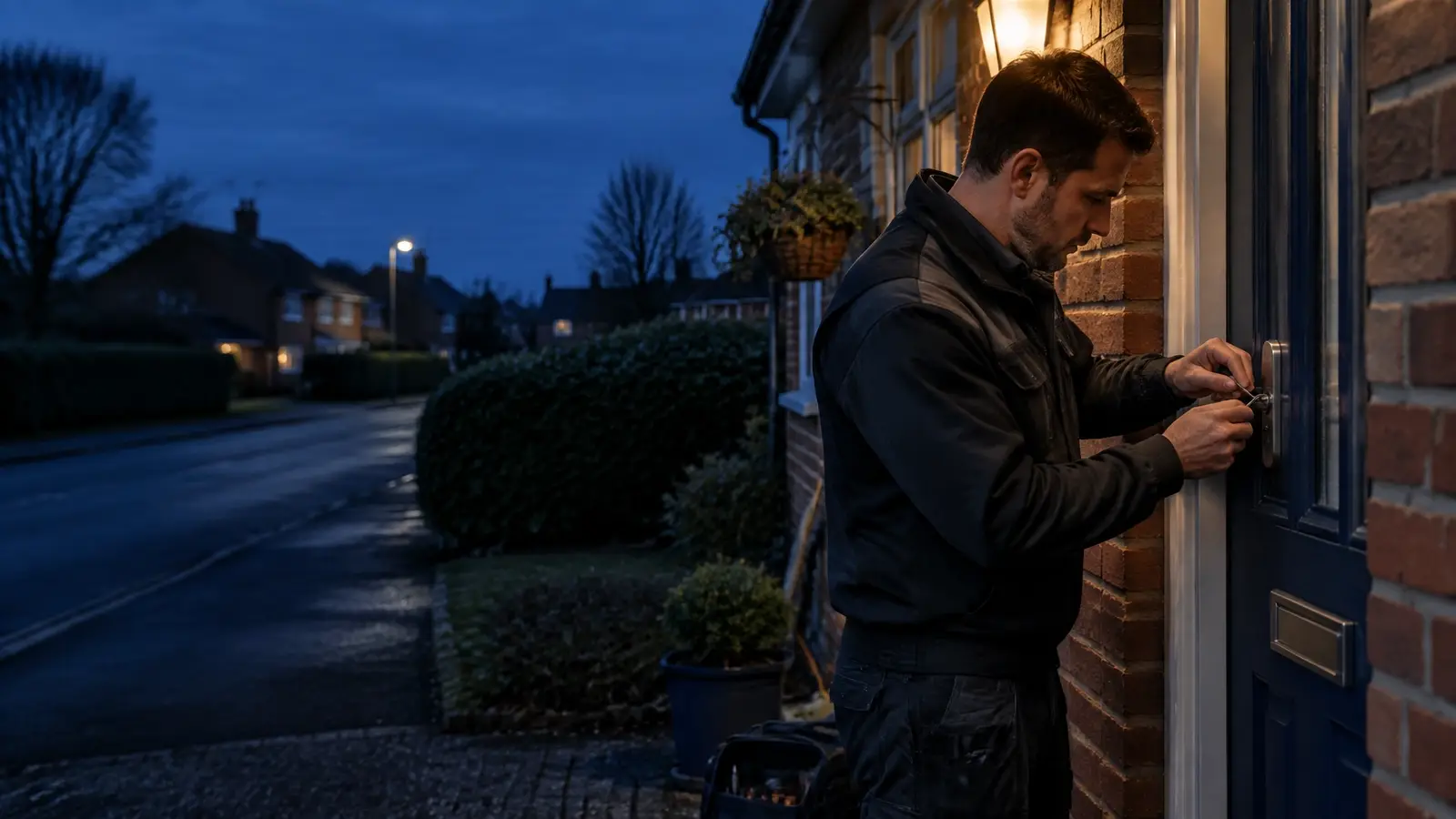 Locksmith working on a front door at night
