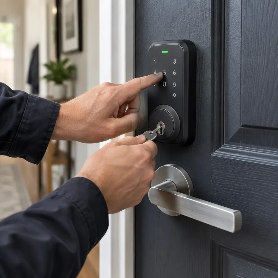 Smart lock and physical key on a dark residential door